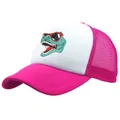 Neon pink and white trucker hat featuring a green dinosaur wearing red sunglasses - Adult Free Size (58cm Adjustable) / Rose Red
