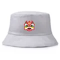 Light gray bucket hat with traditional Chinese lion dance print and reinforced brim - Adult One Size (58cm) / Gray