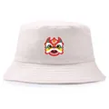 Beige cotton bucket hat with traditional Chinese dancing lion print for men - Adult One Size (58cm) / Beige