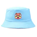 Light blue bucket hat featuring traditional Chinese lion dance print on cotton fabric - Adult One Size (58cm) / Sky Blue