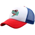 Red, white and blue mesh trucker hat with dinosaur wearing sunglasses illustration - Adult Free Size (58cm Adjustable) / Royal Blue and Red