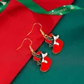 Christmas stocking earrings in red enamel with holly details and golden hooks - Bow Christmas Sock