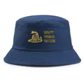 Navy blue cotton bucket hat featuring a yellow Gadsden flag rattlesnake and text - Adult One Size (58cm Non-adjustable) / Navy Blue