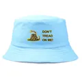 Light blue bucket hat featuring yellow Don't Tread On Me snake print and text design - Adult One Size (58cm Non-adjustable) / Sky Blue