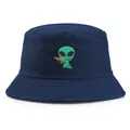 Navy blue reversible bucket hat featuring a green alien embroidery and cotton canvas texture - One Size (58cm) / Alien Embroidery Reversible Style / Navy Blue
