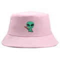 Pink bucket hat featuring green alien embroidery on high-quality cotton fabric - One Size (58cm) / Alien Embroidery Reversible Style / Pink