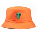 Bright orange cotton bucket hat featuring a green alien embroidery on the front side - One Size (58cm) / Alien Embroidery Reversible Style / Orange