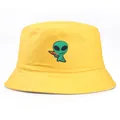 Yellow cotton bucket hat with green alien embroidery and high-quality stitched brim - One Size (58cm) / Alien Embroidery Reversible Style / Yellow