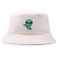 Minimalist cream-white cotton bucket hat featuring a green alien embroidery on the front - One Size (58cm) / Alien Embroidery Reversible Style / Beige