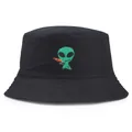 Reversible black canvas bucket hat with green alien embroidery detail for women - One Size (58cm) / Alien Embroidery Reversible Style / Black