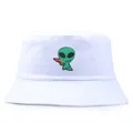 White cotton bucket hat featuring green alien embroidery and reversible design - One Size (58cm) / Alien Embroidery Reversible Style / White