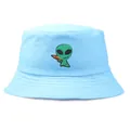 Light blue cotton bucket hat with a green alien embroidery holding a carrot - One Size (58cm) / Alien Embroidery Reversible Style / Sky Blue