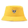 Cute yellow cotton bucket hat with French Bulldog embroidery for outdoor travel sun protection - One Size (56-58cm) / Yellow
