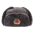 Classic Soviet Ushanka hat with CCCP badge and warm earflaps in charcoal gray - One Size Adult (55-60cm) / Coffee