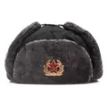 Classic Soviet CCCP Ushanka hat with warm gray faux fur and golden sickle hammer emblem - One Size Adult (55-60cm) / Black