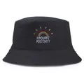 Black cotton bucket hat featuring rainbow embroidery and Radiate Positivity text - One Size (56-58cm) Non-adjustable / Black