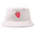 Minimalist beige cotton bucket hat with strawberry embroidery for sun protection - One Size / Beige
