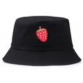 Cappello da pescatore nero in cotone con ricamo fragola per protezione solare e stile casual - Taglia unica / Nero