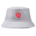 Foldable light gray bucket hat with red strawberry embroidery for sun protection - One Size / Gray