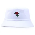 Sombrero de pescador de algodón blanco con bordado de rosa roja en la parte frontal - Talla única / Blanco