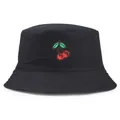 Classic black cotton bucket hat with detailed red cherry embroidery on the front side - One Size(56-58cm) / Black