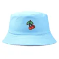 Sky blue cotton bucket hat with sweet cherry embroidery for sun protection - One Size(56-58cm) / Sky Blue