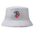 Chapeau bob gris clair avec broderie cerise délicate en coton de haute qualité pour femme - Taille Unique (56-58cm) / Style à Broderie Cerise / Gris