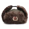 Ouchanka russe marron en fausse fourrure avec badge soviétique CCCP et protège-oreilles - Taille Unique Adulte (55-60cm) / Style Badge / Vert Militaire