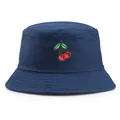 Navy blue cotton bucket hat featuring red cherry embroidery and reinforced brim stitching - One Size(56-58cm) / Cyan