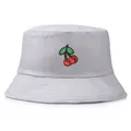 Light gray cotton bucket hat featuring detailed red cherry embroidery in chic style - One Size(56-58cm) / Gray