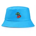Bright blue bucket hat featuring a flat top with vibrant red cherry embroidery detail - One Size(56-58cm) / Lake Blue