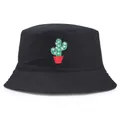 Classic black cotton bucket hat featuring a minimalist green cactus embroidery on front - One Size (56-58cm) Non-adjustable / Black