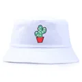 White cotton bucket hat featuring a green cactus embroidery on front center position - One Size (56-58cm) Non-adjustable / White