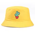 Bright yellow bucket hat with cactus embroidery on front center against white background - One Size (56-58cm) Non-adjustable / Yellow