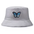 Cappello da pescatore grigio con ricamo farfalla e protezione solare in cotone - M (Adulto 56-58cm) / Grigio