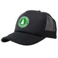 Black trucker cap with green Morning Wood lumber company logo and breathable mesh back - Black