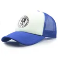 Blue and white trucker hat with skull lightning logo and breathable mesh back - L / Blue