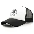 Black and white trucker hat with mesh back and AGENTS BASS skull logo on front - L / Black