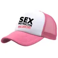 Pink and white mesh trucker hat with Sex Instructor First Lesson Free text print - Adult One Size (58cm Adjustable) / Pink