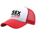 Red and white trucker hat featuring a Sex Instructor First Lesson Free slogan print - Adult One Size (58cm Adjustable) / Red