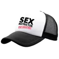 Black and white trucker hat featuring SEX INSTRUCTOR print with red slogan text - Adult One Size (58cm Adjustable) / Black