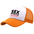 Orange and white trucker hat with Sex Instructor First Lesson Free text print - Adult One Size (58cm Adjustable) / Orange