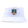 White canvas bucket hat featuring a vintage Space Mission 2035 astronaut print patch - Adult One Size (58cm Non-adjustable) / White