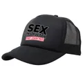 Black trucker hat with white Sex Instructor print and breathable mesh back panel - Adult One Size (58cm Adjustable) / Black
