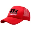 Red trucker hat with Sex Instructor print and breathable mesh back for outdoors - Adult One Size (58cm Adjustable) / Red