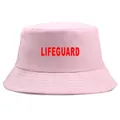 Pink cotton bucket hat featuring a bold red LIFEGUARD print on the front panel - One Size (58cm) / Pink