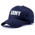 Dark blue cotton baseball cap featuring a white ARMY print on front with white background - One Size / Navy Blue