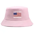 Pink bucket hat featuring American flag and Let's Go Brandon print for outdoor wear - One Size / Pink
