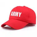 Red cotton baseball cap with white ARMY embroidery for military style and casual wear - One Size / Red