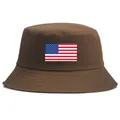 Dark brown cotton bucket hat featuring a vintage American flag print on the front panel - One Size (58cm) / Coffee